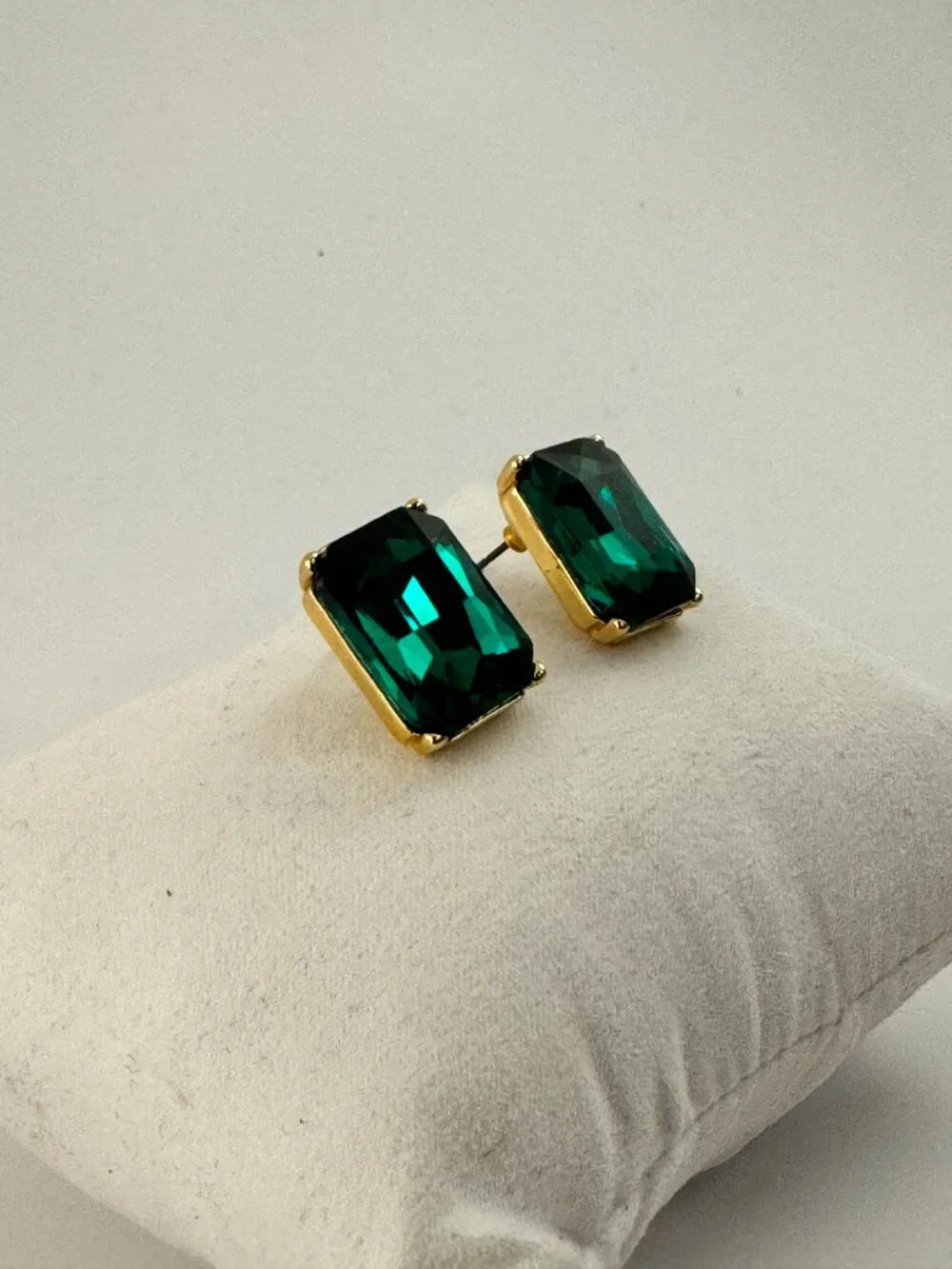 J.Crew Emerald Green Crystal Emerald Cut Stud Earrings Gold Bezel Statement